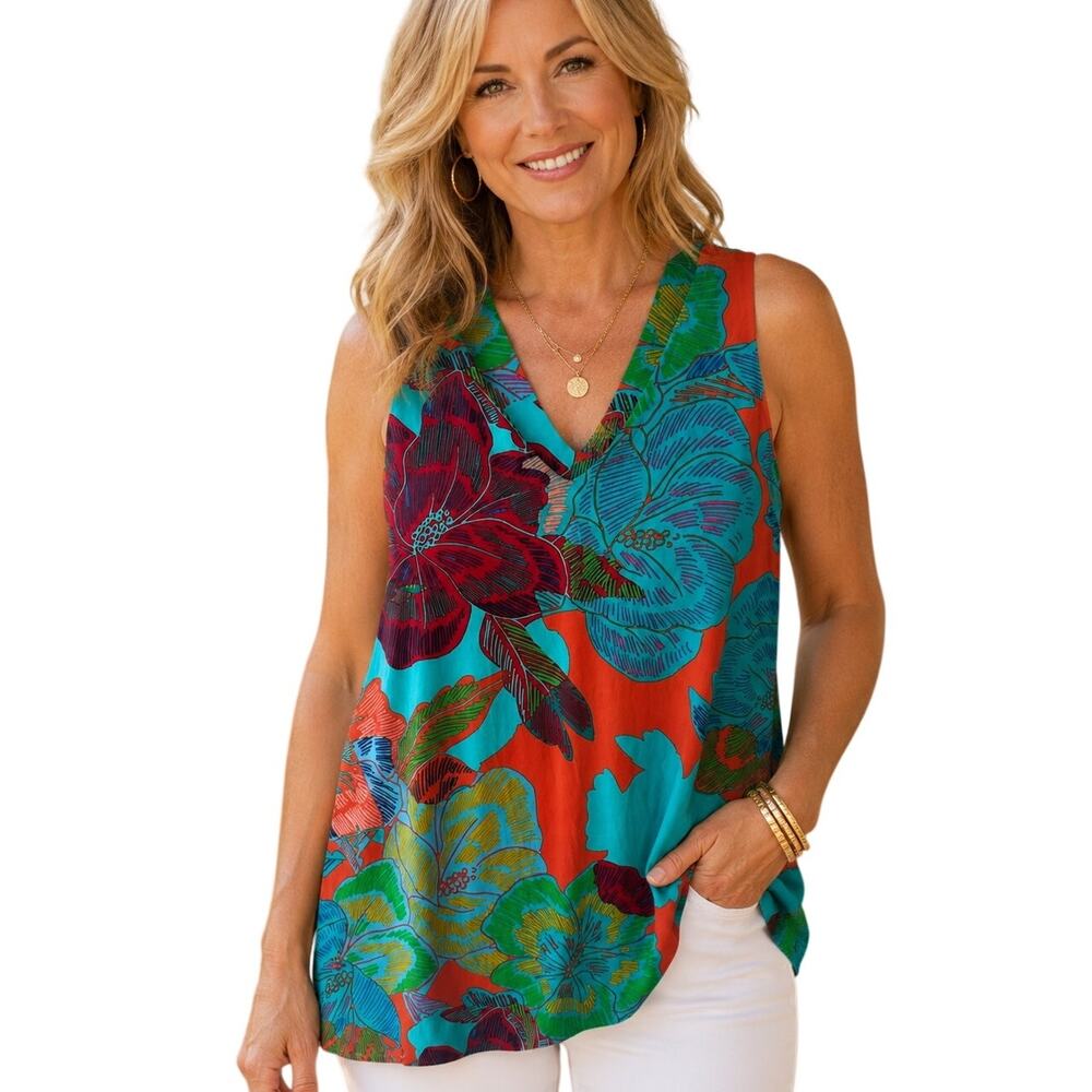 Anne Klein Tropical Swing Tank Womens Size 6 Colorful Floral Resort Beachy Top